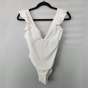 Malai White Ruffled One Piece Bridal V Neck Low Back Swimsuit Small